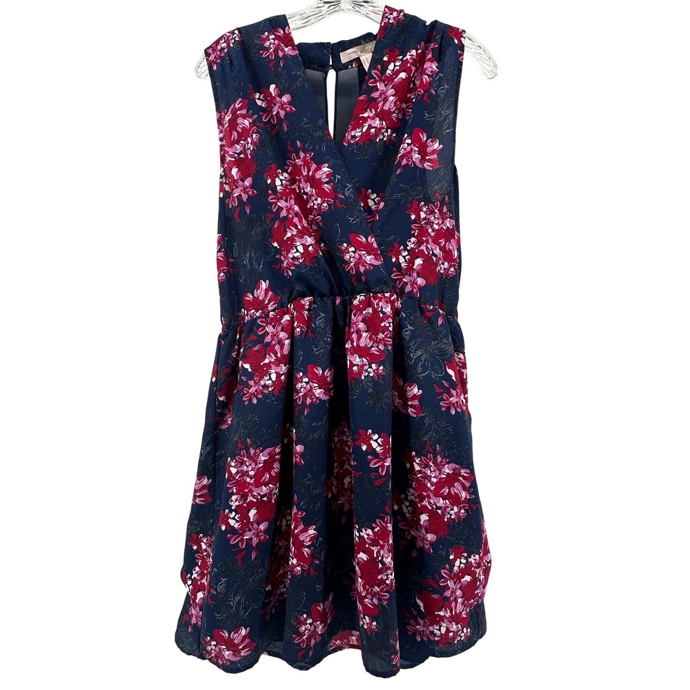 Forever 21 Contemporary Navy Pink Floral Surplice Mini Dress Pockets‎ Womens M